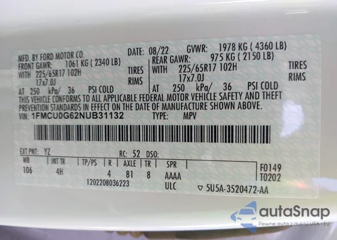 2022 Ford Escape Se из США, поврежденный, VIN 1FMCU0G62NUB31132